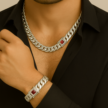 Cuban Link Chain and Bracelet 12mm - Ruby Clasp 999 Silver
